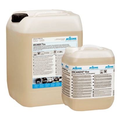 Two translucent plastic containers with a white label and black lid with the inscription "Kiehl ARCANDIS-Eco Gentle High-Performance Glass and Dishwashing Detergent" by Johannes Kiehl KG, efficient glass cleaner; available in sizes 10 and 20 liters.