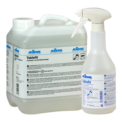 A 5-liter canister and a 750 ml spray bottle, both labeled "Kiehl Tablefit plastic and desk cleaner" from Johannes Kiehl KG, are equipped with white and blue labels with product information and logos and contain a liquid cleaning solution.