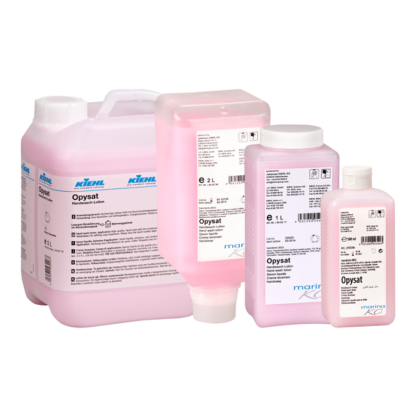 Four containers of Kiehl Opysat hand wash lotion from Johannes Kiehl KG (1-5L) with white closures and detailed labels offer pH-neutral, gentle hand cleaning. The brand name "Kiehl" is clearly visible on each container.