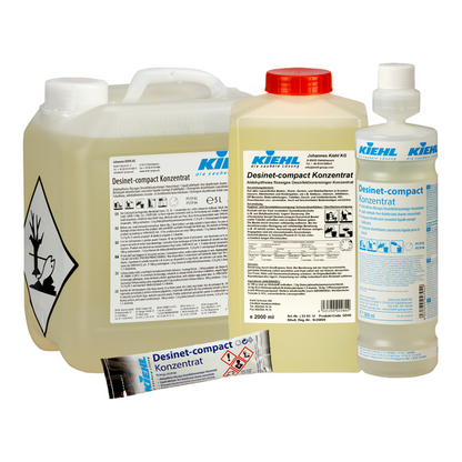 Pictured are four containers of Johannes Kiehl KG Kiehl Desinet-compact Concentrate Aldehyde-free liquid disinfectant cleaner concentrate in various sizes, with visible product information and "aldehyde-free" label.