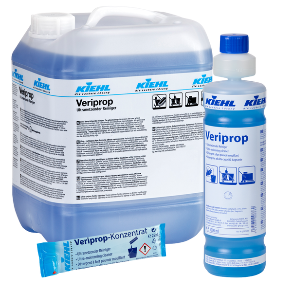 A large plastic container, a bottle, and a single-dose package from Johannes Kiehl KG labeled "Kiehl Veriprop Ultra-Wetting Cleaner," each filled with blue cleaner for ultra-wetting cleaning, with visible product details and instructions.