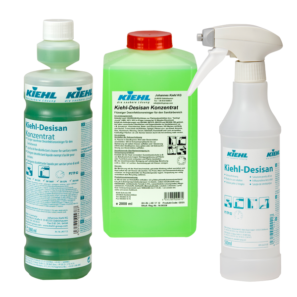 Ein 6er-Pack Johannes Kiehl KG Kiehl-Desisan 500 ml leere Trichterflaschen, jeweils mit Schaumsprüher - perfekt für die professionelle Reinigung.