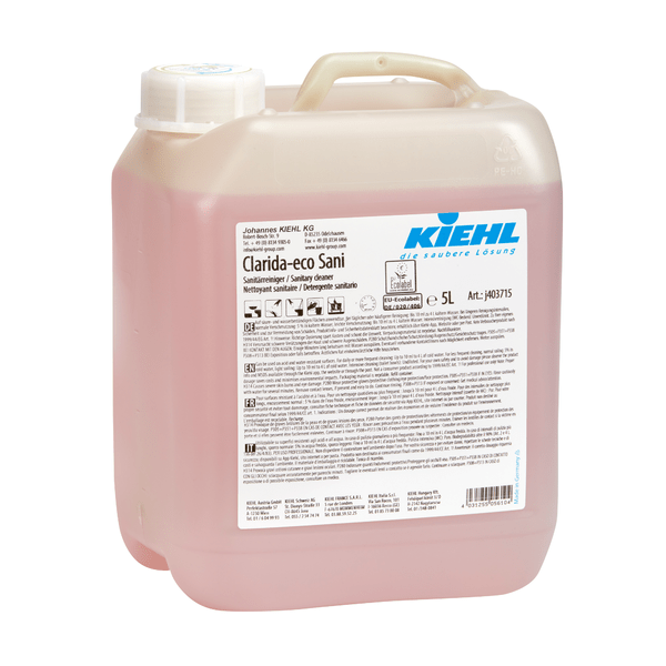The 5-liter plastic container of Kiehl Clarida-eco Sani sanitary cleaner from Johannes Kiehl KG has a white screw cap, front labeling, and contains a pink liquid for environmentally friendly and effective cleaning of sanitary areas.