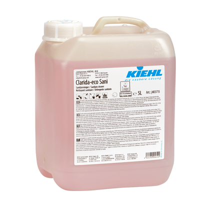 The 5-liter plastic container of Kiehl Clarida-eco Sani sanitary cleaner from Johannes Kiehl KG has a white screw cap, front labeling, and contains a pink liquid for environmentally friendly and effective cleaning of sanitary areas.
