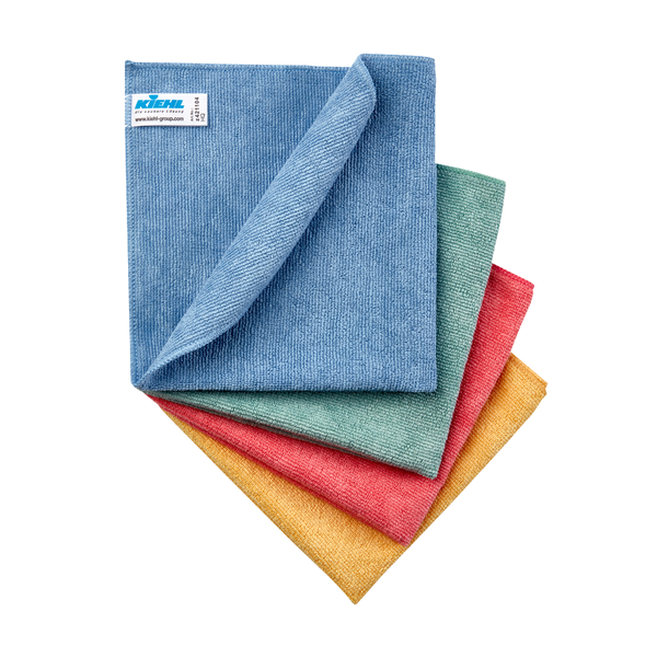 Four Kiehl microfiber cloths HQ-Allround 40 x 40 cm from Johannes Kiehl KG in the colors blue, green, red, and yellow are fanned out on top of each other. The blue microfiber cloth is on top, partially folded to show a corner label.