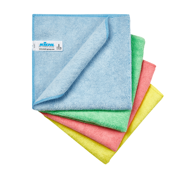 Four Kiehl microfiber cloths Top cleaning cloths (38 x 38 cm, 300 g/sqm, loose) by Johannes Kiehl KG in the colors blue, green, pink, and yellow are fanned out; the top one is folded so that its underside and a white label with text are visible.