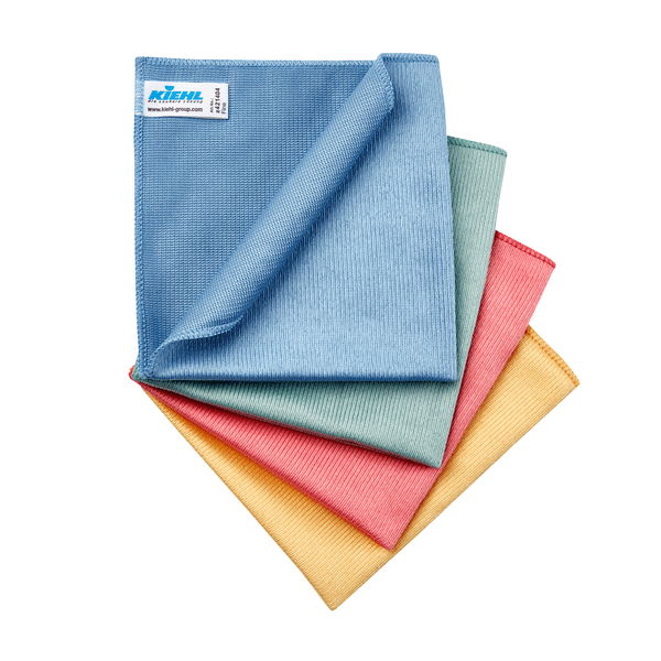 Four loosely packed Kiehl microfiber cloths Fine (40 x 35 cm, 300 g/sqm) from Johannes Kiehl KG in blue, green, red, and yellow are arranged in a fan shape; the blue cloth is on top and shows a white corner label with a logo.