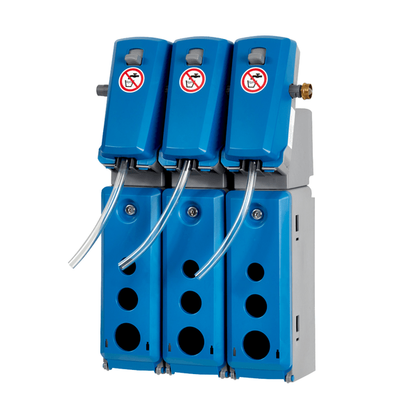Three Kiehl DosiStation 3P-4 L multi-dosing devices from Johannes Kiehl KG, wall-mounted for bottle filling, with three dosing sections each for different products and transparent hoses, are equipped with a warning sign "No Access" on the front.