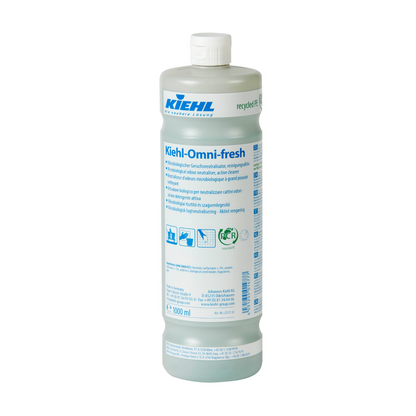 1-liter plastic bottle Omni-fresh Microbiological Odor Neutralizer by Johannes Kiehl KG, cleaning-active, with white cap and blue-white multilingual label.