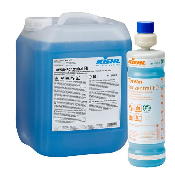 A blue 10-liter plastic canister and a blue 1-liter bottle Johannes Kiehl KG Torvan Concentrate FD active cleaner for the food sector, both with white labels, orange lettering, and screw cap - ideal for cleaning in the food industry.