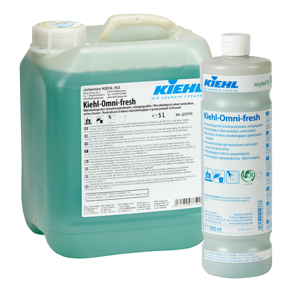 A transparent 5-liter container and a 1-liter bottle of Kiehl Omni-fresh Microbiological Odor Neutralizer, cleaning-active by Johannes Kiehl KG, both with white lid and blue label with branding and product information.