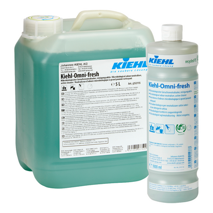 A transparent 5-liter container and a 1-liter bottle of Kiehl Omni-fresh Microbiological Odor Neutralizer, cleaning-active by Johannes Kiehl KG, both with white lid and blue label with branding and product information.