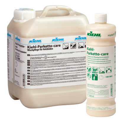 Ein 5L-Kanister und eine 1L-Flasche Kiehl Parketto-care Selbstglänzende Pflegedispersion für Holzböden der Johannes Kiehl KG sind nebeneinander abgebildet, jeweils mit weißen Etiketten mit Produktinformationen in mehreren Sprachen.