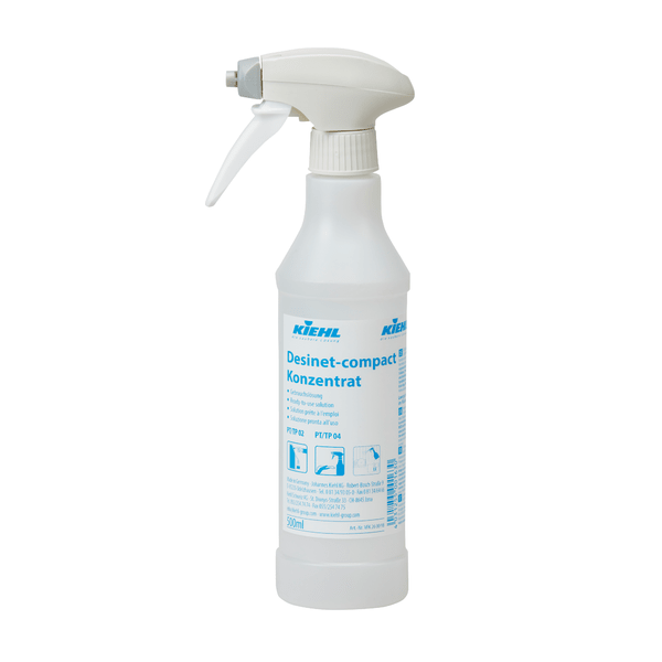 Pictured is a white 500 ml funnel bottle with the label "Kiehl Desinet compact" from Johannes Kiehl KG, empty and equipped with 6 foam sprayers, against a plain white background. The package contains 6 bottles.
