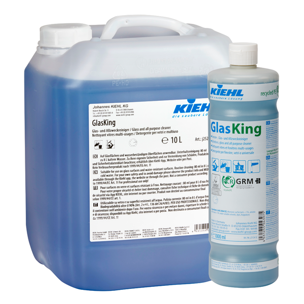 A blue, translucent 10-liter container and a 1-liter bottle of Kiehl GlasKing window, glass, and all-purpose cleaner from Johannes Kiehl KG, both with white labels with text and logos.