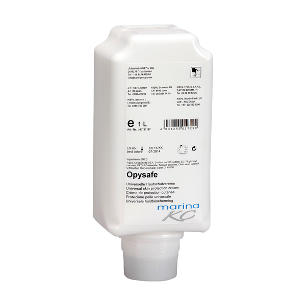 A white 1-liter plastic bottle of Kiehl Opysafe Universal Skin Protection Lotion by Johannes Kiehl KG, with detailed branding on the label and a bottom spout for easy dispensing.