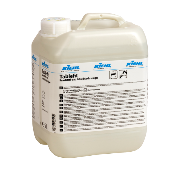 A white 5-liter plastic container of Kiehl Tablefit plastic and desk cleaner from Johannes Kiehl KG with a screw cap and a large product label with German text and various symbols.