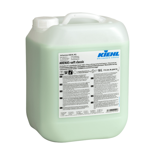 A 10-liter container made of translucent plastic with Kiehl ARENAS-soft fabric softener from Johannes Kiehl KG, with a white handle, detailed label, visible light green liquid, and long-lasting freshness formula for lasting freshness and soft laundry.