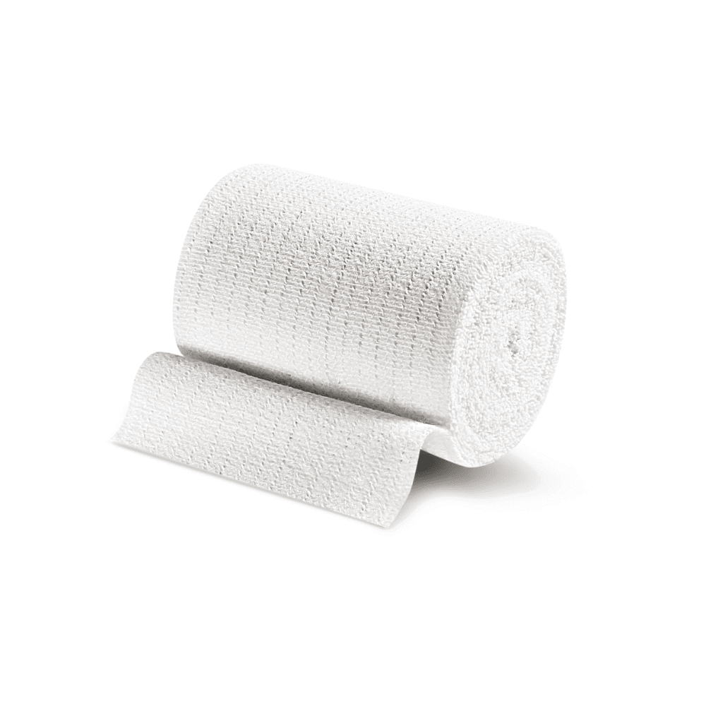 A single white medical bandage roll Idealast by Paul Hartmann AG, with part of the unrolled gauze, against a plain white background.