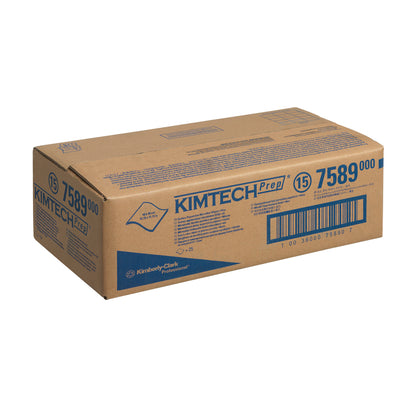 Ein versiegelter brauner Karton mit der Aufschrift "Kimtech® Mikrofaser-Oberflächenwischtücher - Blau" von Kimberly-Clark GmbH, enthält 1 Karton mit 25 Blatt, ideale Reinigungstücher für die industrielle Oberflächenreinigung. Blauer Text und Barcodes erscheinen auf der Verpackung.