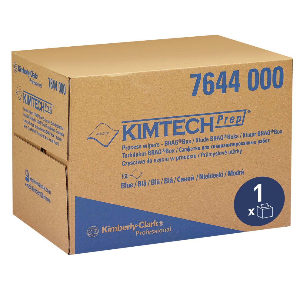 A brown box from Kimberly-Clark GmbH labeled "Kimtech® Process Wipes - BRAG™ Box / Blue" contains 160 blue wipes for industrial cleaning, with product information in various languages on the carton.