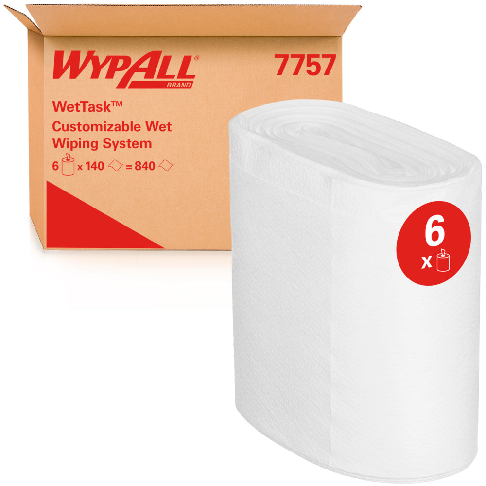 Eine große weiße Rolle WypAll® Wettask™ Wischtücher der Kimberly-Clark GmbH ist vor einem Karton mit der Aufschrift "6 Refills x 140 Sheets | Karton (6 Rollen)" abgebildet. Auf der Rolle ist eine rote "6" abgebildet.