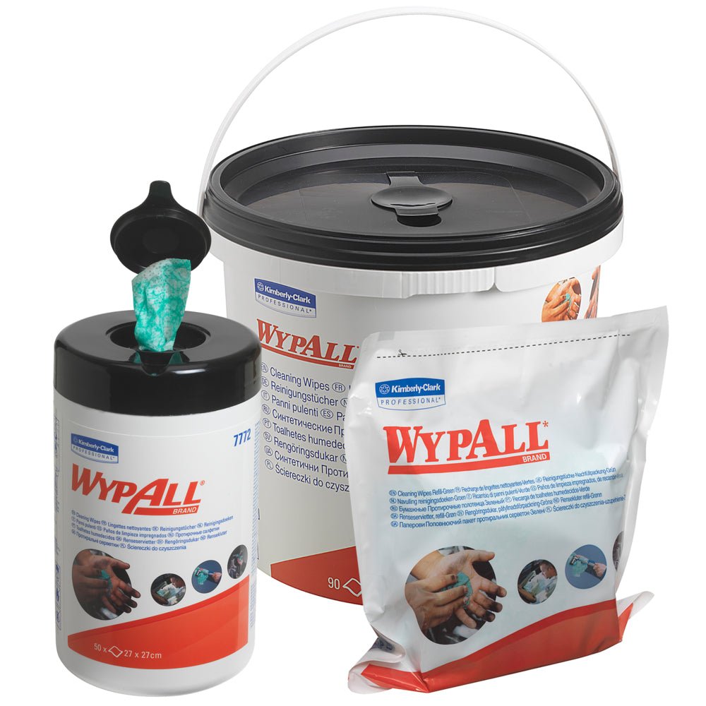 Depicted are three WypAll® wipes (Green, 6 x 50 sheets) from Kimberly-Clark GmbH: a pull-out wipe dispenser, a large handle bucket with lid, and a refill bag - all designed for high absorbency.
