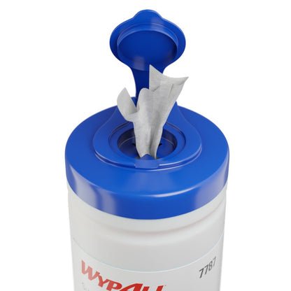 A close-up shows a cylindrical Kimberly-Clark WypAll® surface disinfection wipe dispenser bucket with a blue flip-top lid dispensing a white cleaning wipe. The label indicates that it is a container with 200 wipes for effective surface disinfection.