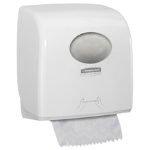 The Aquarius™ Slimroll™ roll towel dispenser from Kimberly-Clark GmbH is a white, wall-mounted dispenser with a viewing window for paper towels, a towel protruding from the bottom, and an illustrated pull guide.