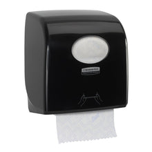 The Aquarius™ Slimroll™ roll towel dispenser in black (1 dispenser/carton) from Kimberly-Clark GmbH is wall-mounted, shows a roll of paper towels through the window, and ensures hygienic towel dispensing.
