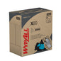 A pull-up box labeled WypAll® X80 PowerClean from Kimberly-Clark GmbH contains 80 steel blue cloths with application instructions and a hand depicted on the box for wiping up a blue stain. Available as 5 boxes per carton (5 x 80 sheets).