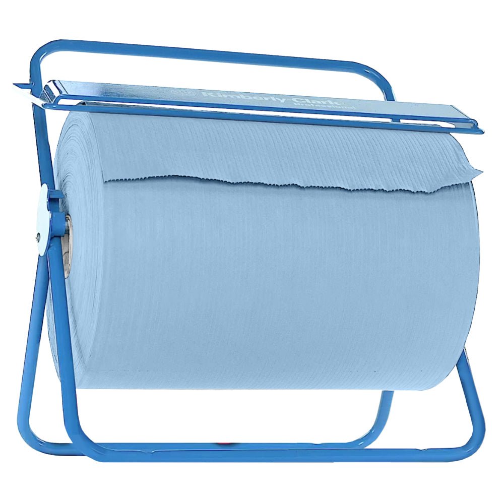The WypAll® X80 PowerClean large roll (31.00 x 31.50 cm) from Kimberly-Clark GmbH is mounted on a metal dispenser stand with a serrated edge, making it ideal for professional use.