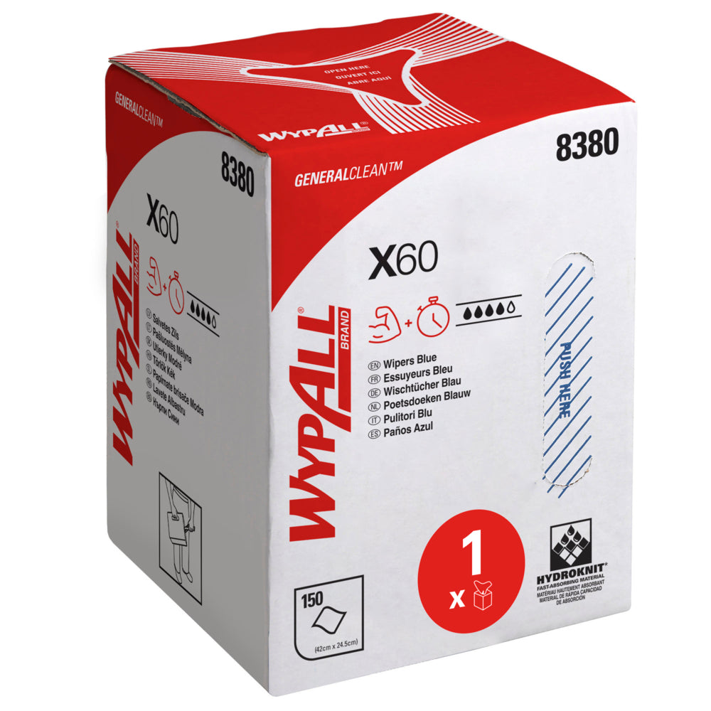 Die weiß-rote Schachtel von WypAll® X60 General Clean (Blau) der Kimberly-Clark GmbH ist mit mehrsprachigen Informationen, Symbolen und der Nummer 8380 versehen. Die Schachtel enthält 1 Rolle mit 150 blauen Blättern und ein ausziehbares Spenderteil für die Zentralentnahme.