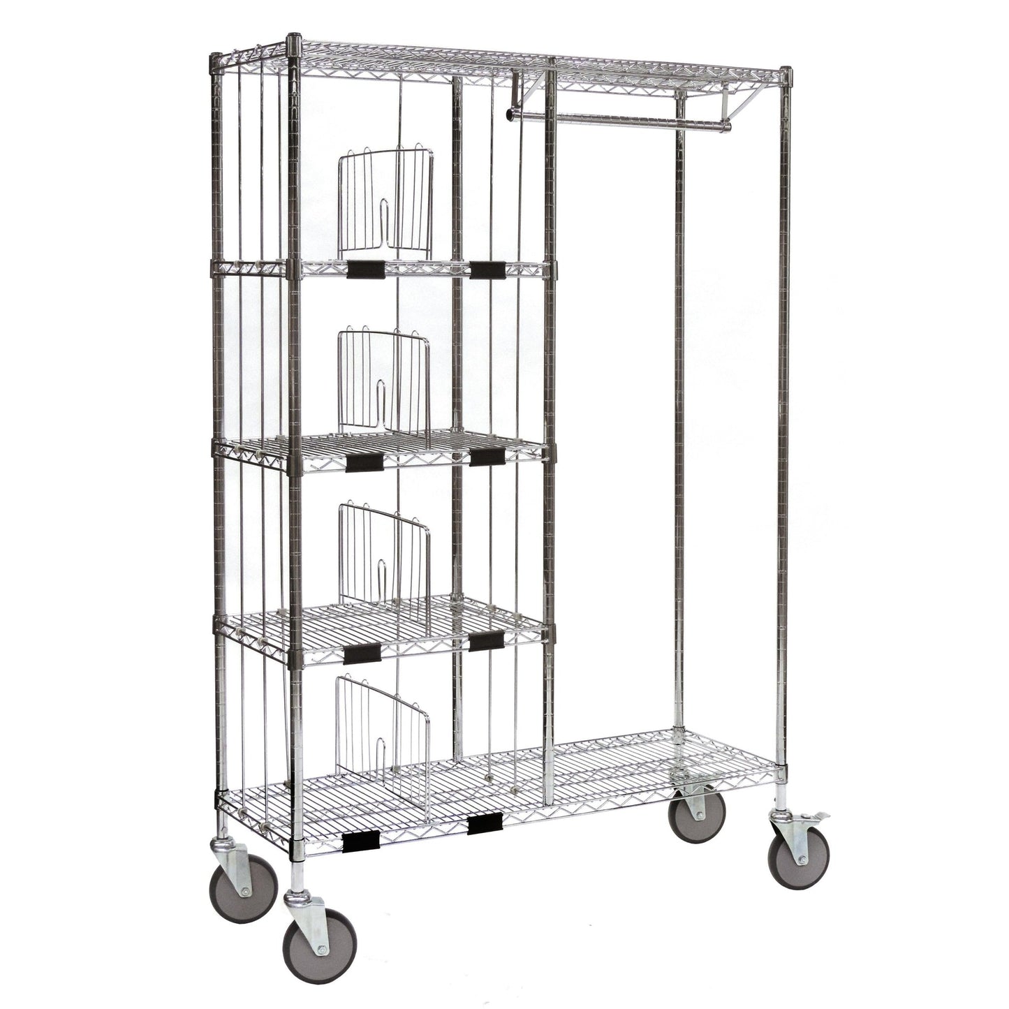 The Novocal Combined Sorting Cart made of precision steel offers five left shelves with wire dividers and an open compartment on the right with a crossbar for hanging - ideal for offices. Nickel-plated and high-gloss chrome-plated.