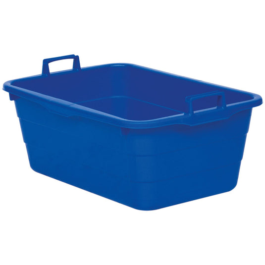 A blue Novocal plastic tub (90 liters, 750 x 490 x 310 mm) with two handles, one on each short side. The sturdy storage box is empty and pictured against a white background. Brand: Novocal.