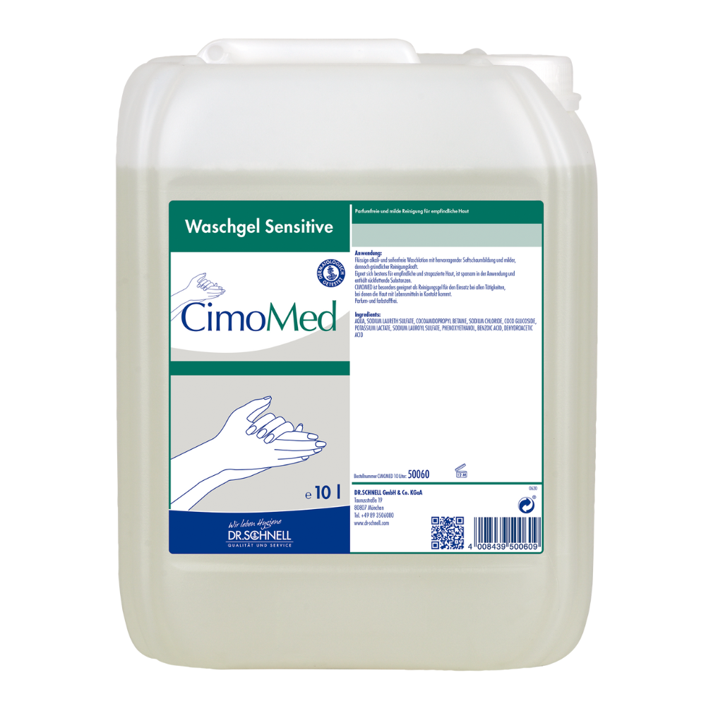 A 10L transparent container labeled "Dr. Schnell CIMOMED hand wash gel, fragrance and dye-free, for skin cleansing" by DR.SCHNELL GmbH & Co. KGaA with hand illustrations and detailed instructions; ideal for sensitive skin.