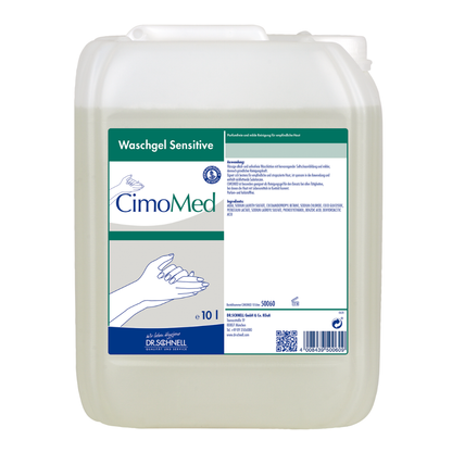 A 10L transparent container labeled "Dr. Schnell CIMOMED hand wash gel, fragrance and dye-free, for skin cleansing" by DR.SCHNELL GmbH & Co. KGaA with hand illustrations and detailed instructions; ideal for sensitive skin.