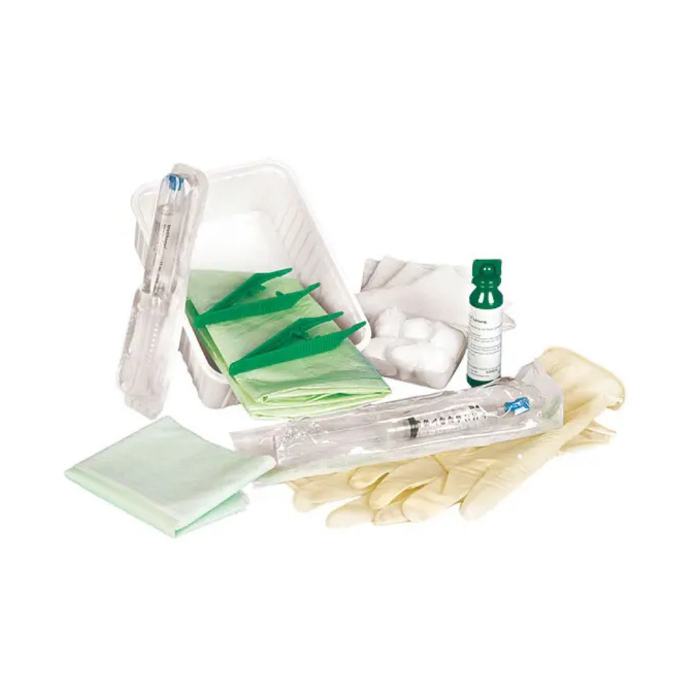 The Mediware Catheterization Set Type 2 with Octenisept | Set (1 piece) by Mediware contains two syringes in plastic packaging, a green tweezer, gauze compresses, cotton balls, Octenisept antiseptic, a pair of latex gloves, and a green suction compress. All items are neatly arranged on a white surface.