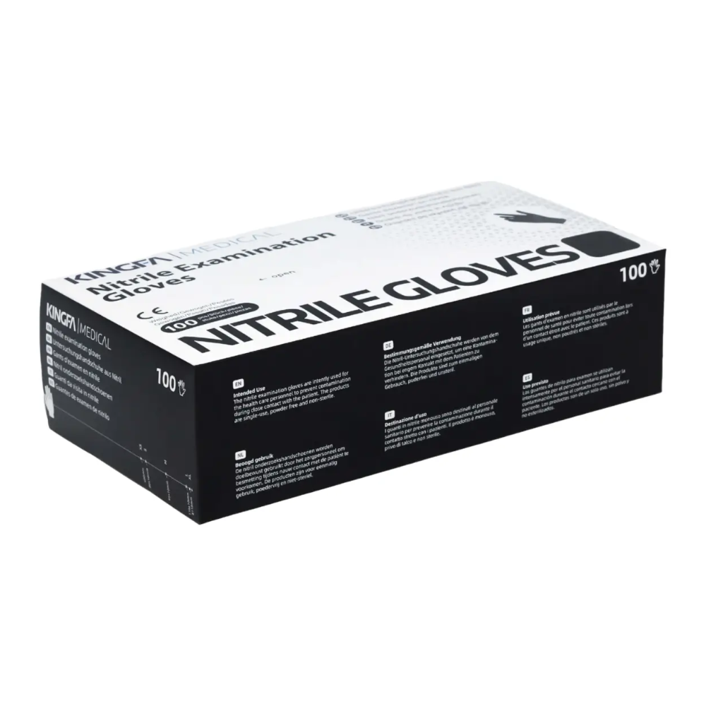 A box of Kingfa black powder-free nitrile gloves with 100 pieces is delivered in black-and-white packaging with labels confirming the properties 'powder-free' and 'latex-free', thus providing you with a product of the highest quality for your examination needs.