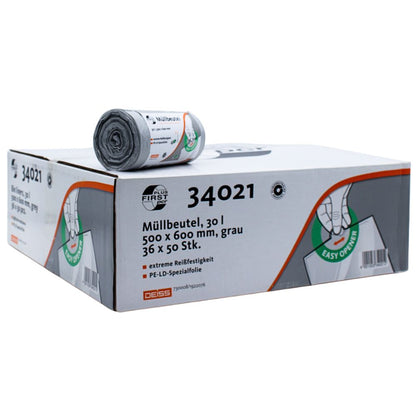 A box of gray DEISS First Plus Pcr garbage bags, featuring a roll, is labeled 30 liters and measures 500 x 600 mm. It contains 36 rolls, each with 50 bags. The box is adorned with the brand logos of EMIL DEISS KG (GmbH + Co.) and an 'Easy Open' symbol, indicating a composition of 40% post-consumer recycled material, making it a climate-neutral choice.