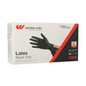 A box of WORK-INN/PS Papstar latex gloves powder-free "Black Grip" black, size L (100 pieces). The packaging shows a hand in a black glove with product information in black and red lettering on a white background.
