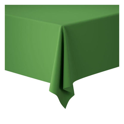 A rectangular table is covered with a smooth, solid green tablecloth from Duni GmbH Dunicel tablecloth rolls (1.18 m x 25 m), hanging evenly over the edges – perfect for flexible table decoration at large events against a plain white background.