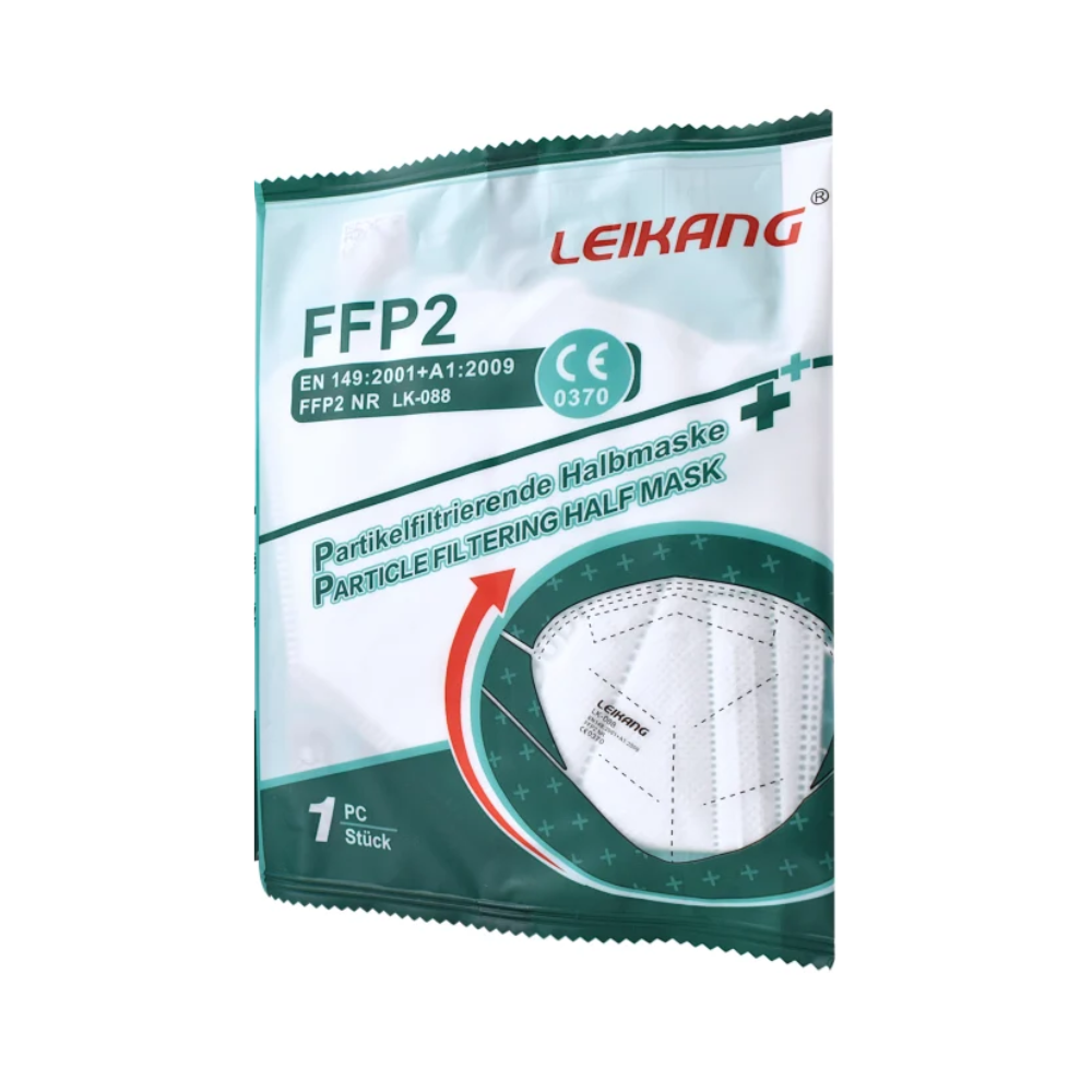 Depicted is a sealed package of Leikang® FFP2 NR respirator mask, without valve (1 piece). The white-green discontinued item packaging displays product information, certifications, and a transparent window showing the folded mask inside.