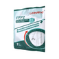 Depicted is a sealed package of Leikang® FFP2 NR respirator mask, without valve (1 piece). The white-green discontinued item packaging displays product information, certifications, and a transparent window showing the folded mask inside.