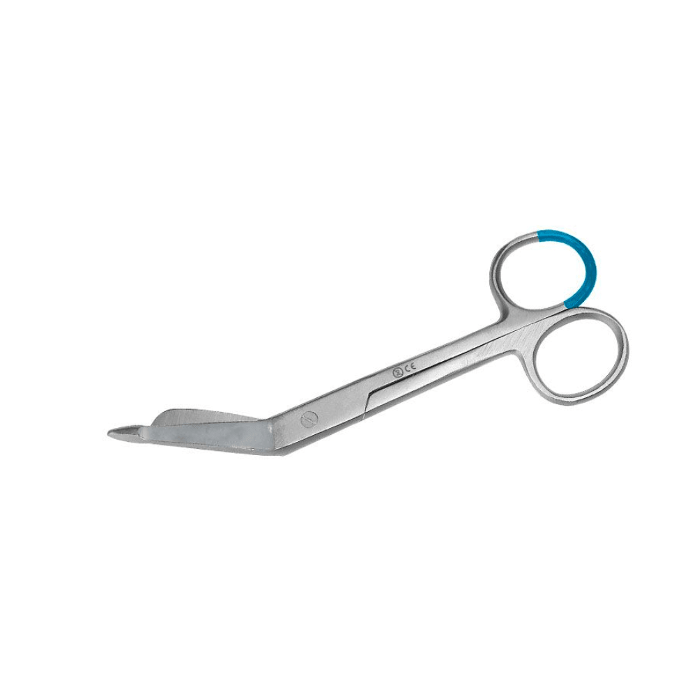 A 14.5 cm Lister disposable surgical scissors from Servoprax GmbH, featuring a combination of metal blades and loop handles. The silver loop handles—one of which has a blue coating—ensure precision. The angled blades with blunt tips ensure safe cutting, making them ideal for use as a disposable instrument. Packaged in sets of 25.