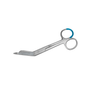 A 14.5 cm Lister disposable surgical scissors from Servoprax GmbH, featuring a combination of metal blades and loop handles. The silver loop handles—one of which has a blue coating—ensure precision. The angled blades with blunt tips ensure safe cutting, making them ideal for use as a disposable instrument. Packaged in sets of 25.