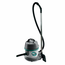 The Arcora M5 Plus Professional Vacuum Cleaner from Arcora International GmbH is a gray and teal canister vacuum with a black hose, metal tube, and rectangular floor attachment, which stands upright on four small wheels, allowing for professional cleaning.