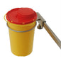 The Novocal needle disposal container set (10 boxes, 1.5 liters) consists of a yellow needle disposal container with a red lid, held by a stainless steel holder attached to a metal arm - a practical disposal solution from Novocal.