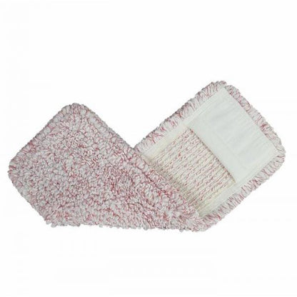 Der Arcora Medical Red Microfasergarn-Bezug von Arcora International GmbH ist ein hygienischer, rechteckiger Wischmopp mit roten und weißen strukturierten Fasern und einer weißen Stofftasche zur einfachen Befestigung. Er ist ideal für den medizinischen Gebrauch und wird flach auf einem weißen Hintergrund abgebildet.