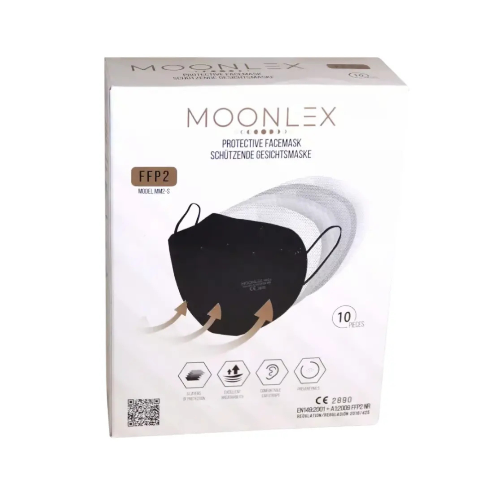 Eine Schachtel mit Altruan MOONLEX FFP2 Maske, 5-lagig, CE2890 - einzeln foliert, enthält 10 Stück. Die Vorderseite zeigt Maskenabbildungen und zweisprachigen Text in Deutsch und Englisch.